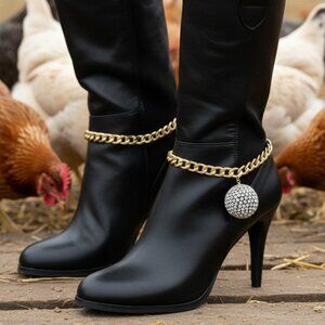 NEW Women Gold Metal Chain Boot Bracelet Shoe Anklet 80's Disco Ball Bling Charm